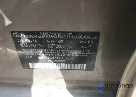 2014 Hyundai Elantra Limited from USA, damaged, VIN 5NPDH4AE5EH482230
